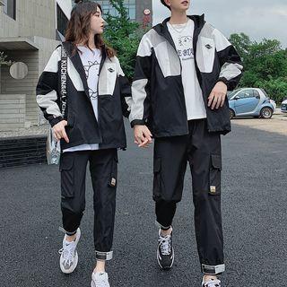 Couple Matching Color Block Logo Windbreaker / Pants