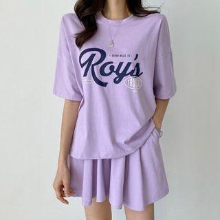 Set: Letter Print T-shirt + Band Waist Skort