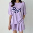 Set: Letter Print T-shirt + Band Waist Skort