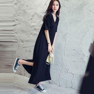 V-neck Short-sleeve Maxi Dress Black - One Size