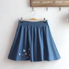 Floral Embroidered A-line Denim Skirt Dark Blue - One Size
