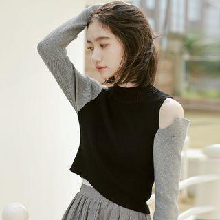 Cold-shoulder Color Panel Knit Top As Shown In Figure - One Size