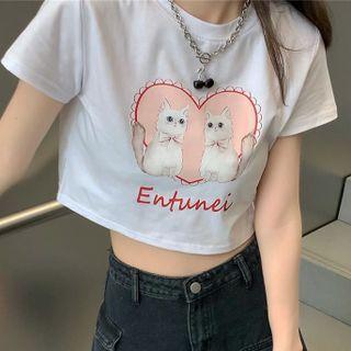 Short-sleeve Cat T-shirt White - One Size