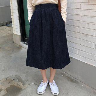 Tie-waist Flared Denim Skirt Dark Blue - One Size