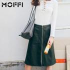 Faux-leather Zipper A-line Midi Skirt
