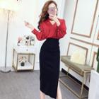 Long-sleeve V-neck Blouse / Midi Knit Skirt
