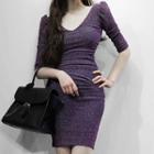 Elbow-sleeve Glitter Sheath Dress