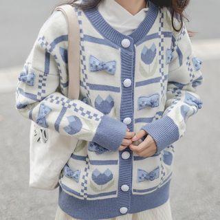 Bow Accent Floral Jacquard Knit Cardigan Blue - One Size