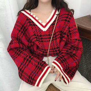 Plaid Ripped Sweater Red - One Size