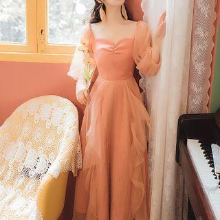 3/4-sleeve Ruffle Mesh Midi A-line Dress
