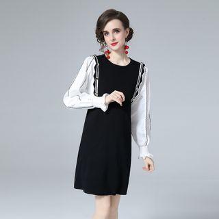 Puff-sleeve Two-tone Knit Panel Shift Dress