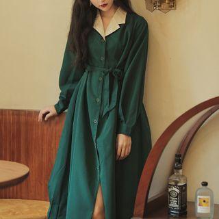 Contrast Collar Midi Shirtdress