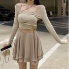 Long-sleeve Knit Top / Strappy Top / Mini A-line Skirt