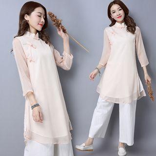 3/4-sleeve Linen Cotton Frog Buttoned Top