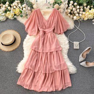 V-neck Layered Midi A-line Dress