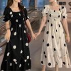 Dotted Puff-sleeve Tie-back Midi A-line Dress
