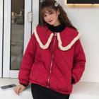 Furry Trim Collared Quilted Zip Jacket Red - One Size