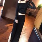 Set: One-shoulder Glitter Long-sleeve T-shirt + Side-slit Maxi Pencil Skirt