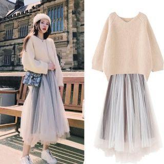 Sleeve Plain Sweater / Mesh Skirt / Set