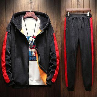 Set: Contrast-trim Velvet Zip Hooded Jacket + Jogger Pants