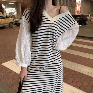 Striped V-neck Lace Long-sleeve Dress As Figure - One Size