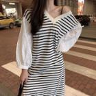 Striped V-neck Lace Long-sleeve Dress As Figure - One Size