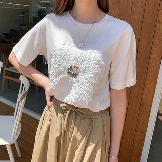 Flower-motif Sequined T-shirt