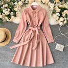 Lapel Long-sleeve Lace-up Strap A-line Dress