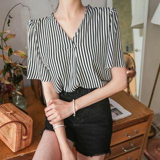 V-neck Stripe Crepe Top