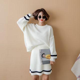 Set: Contrast-trim Ribbed Knit Top + Band-waist Skirt