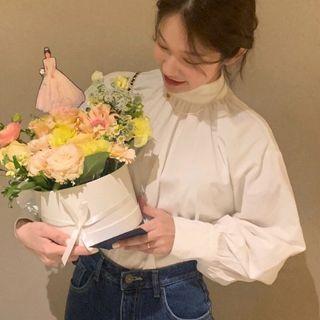 Long-sleeve Mock-neck Blouse White - One Size