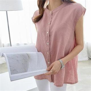 Mandarin-collar Sleeveless Linen Blouse