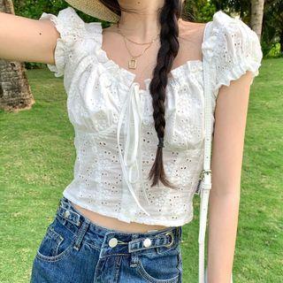 Ruffle Trim Eyelet Lace Cropped Blouse White - One Size