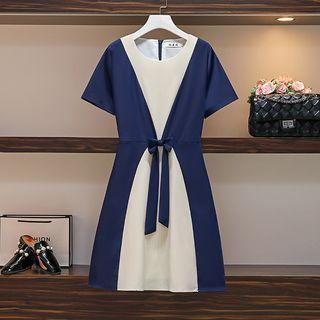 Short-sleeve Bow Two-tone A-line Dress
