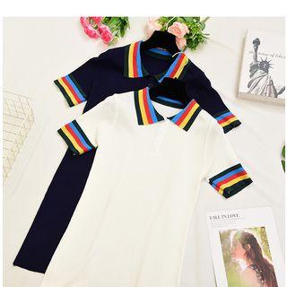 Striped Short-sleeve Knit Polo Shirt Dress