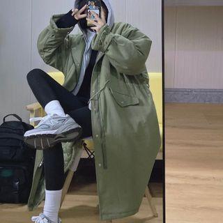 Drawstring Waist Hooded Padded Coat Army Green - One Size
