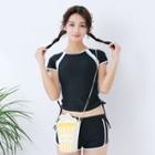 Set: Contrast Trim Short-sleeve Swim Top + Swim Shorts