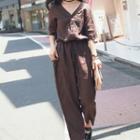 Elbow-sleeve Buttoned Wide-leg Jumpsuit