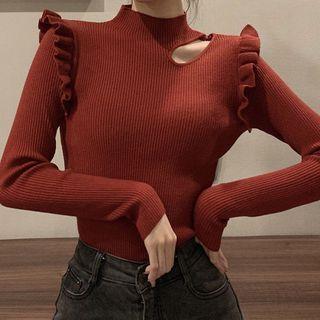 Cut-out Ruffle Trim Long-sleeve Knit Top