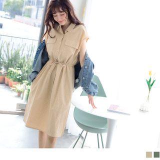 Drawstring Waist Front Pocket Sleeveless Dress