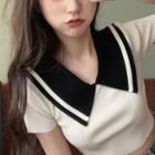 Short-sleeve Sailor Collar Cropped Knit Top White - One Size