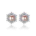 Sterling Silver Bright And Elegant Snowflake Purple Freshwater Pearl Stud Earrings With Cubic Zirconia Silver - One Size