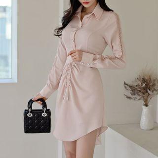 Long-sleeve Lace Trim Drawstring Mini Shirtdress