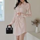 Long-sleeve Lace Trim Drawstring Mini Shirtdress