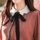 Contrast Detachable-ribbon Puff-sleeve Blouse