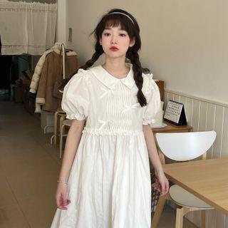 Puff-sleeve Collar Midi A-line Dress White - One Size