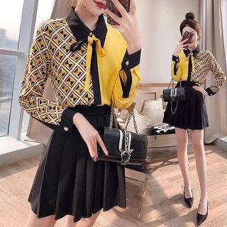 Set: Color Block Shirt + Pleated Skirt