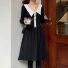 Contrast Trim Long-sleeve Knit Collared Dress Dress - Black - One Size