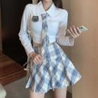 Tie-neck Cropped Shirt / Plaid Mini Skirt