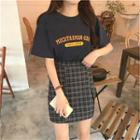Lettering T-shirt / Plaid Mini A-line Skirt / Set